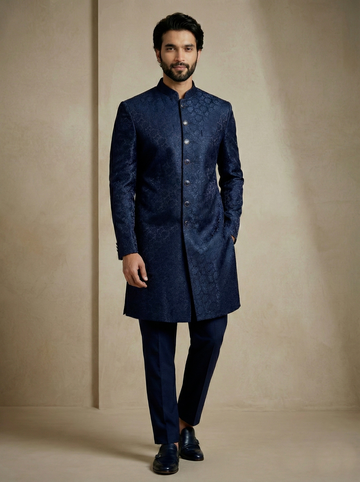 Navy Blue Floral Donier Jacquard Indo-Western Sherwani