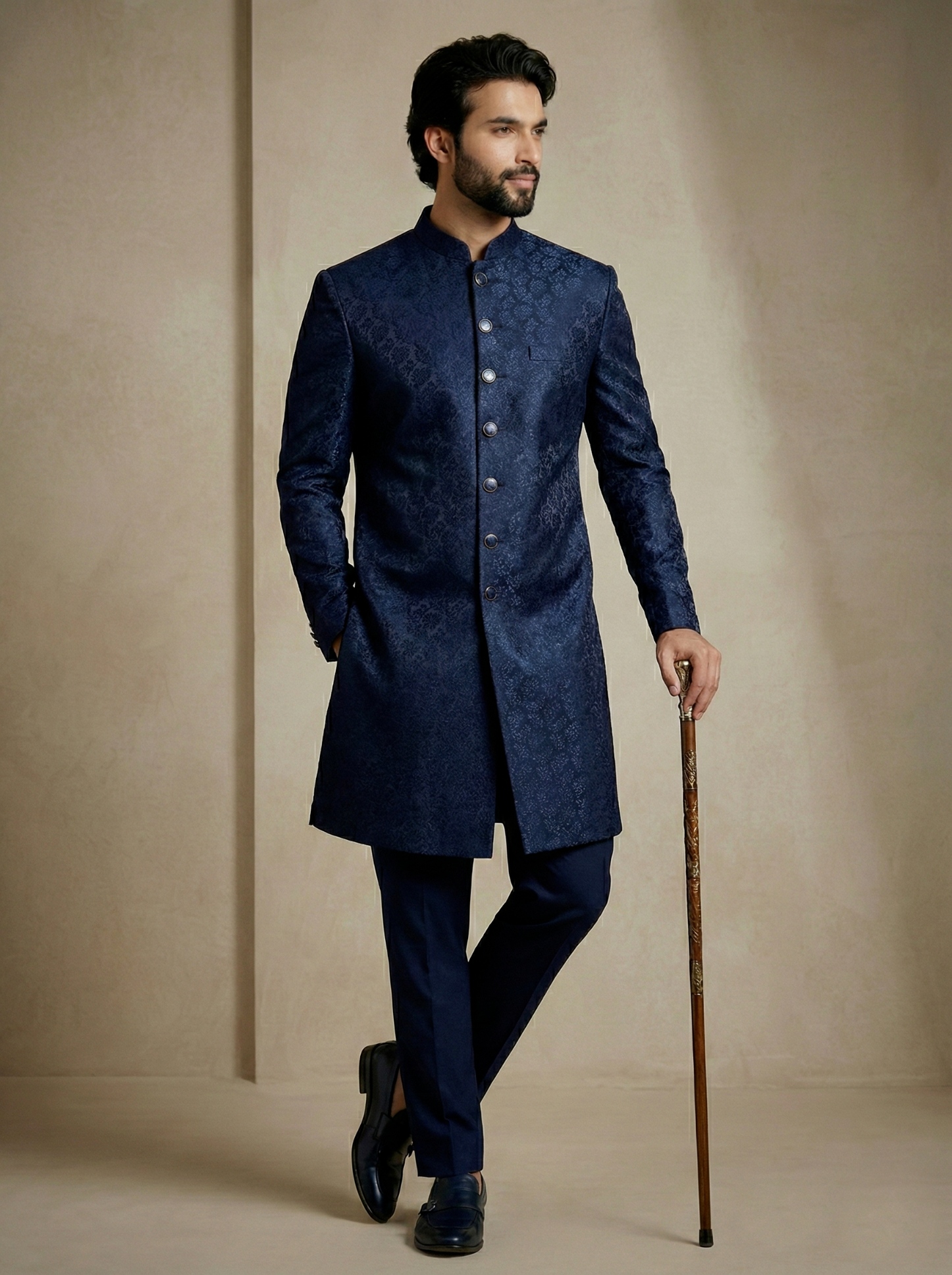Navy Blue Floral Donier Jacquard Indo-Western Sherwani — alternate view