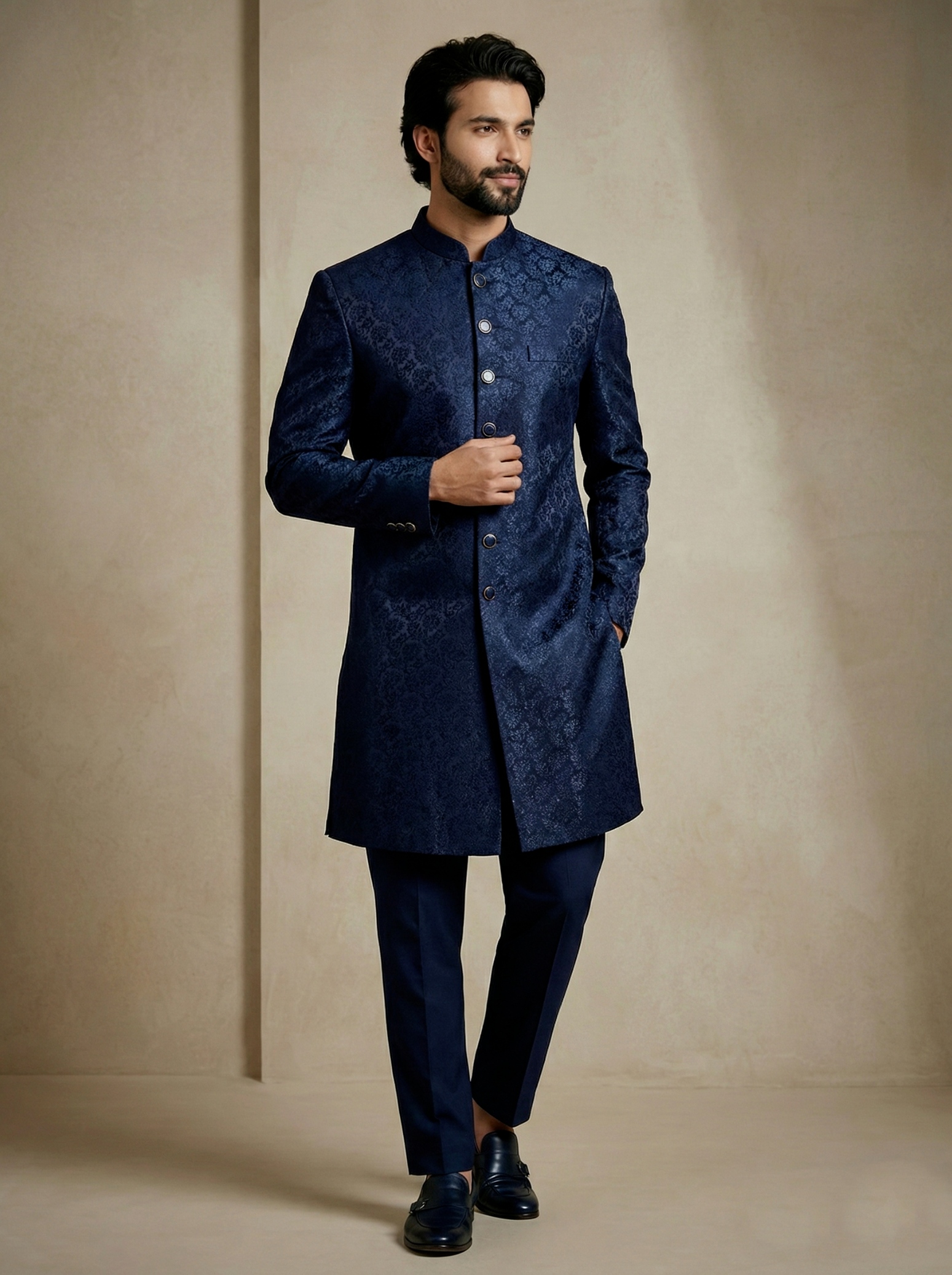 Navy Blue Floral Donier Jacquard Indo-Western Sherwani