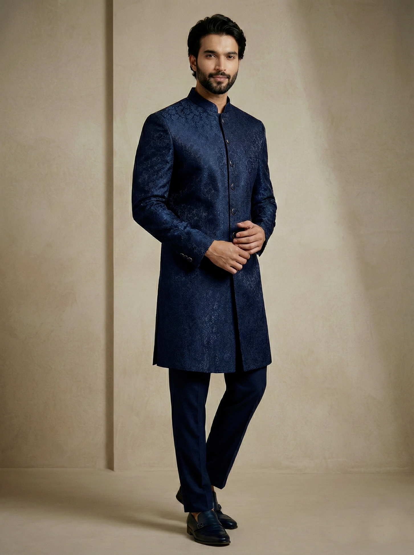 Navy Blue Floral Donier Jacquard Indo-Western Sherwani