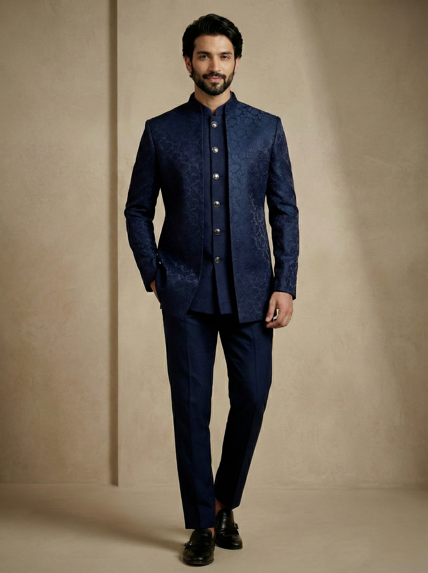 Navy Blue Floral Donier Jacquard Indo-Western Sherwani
