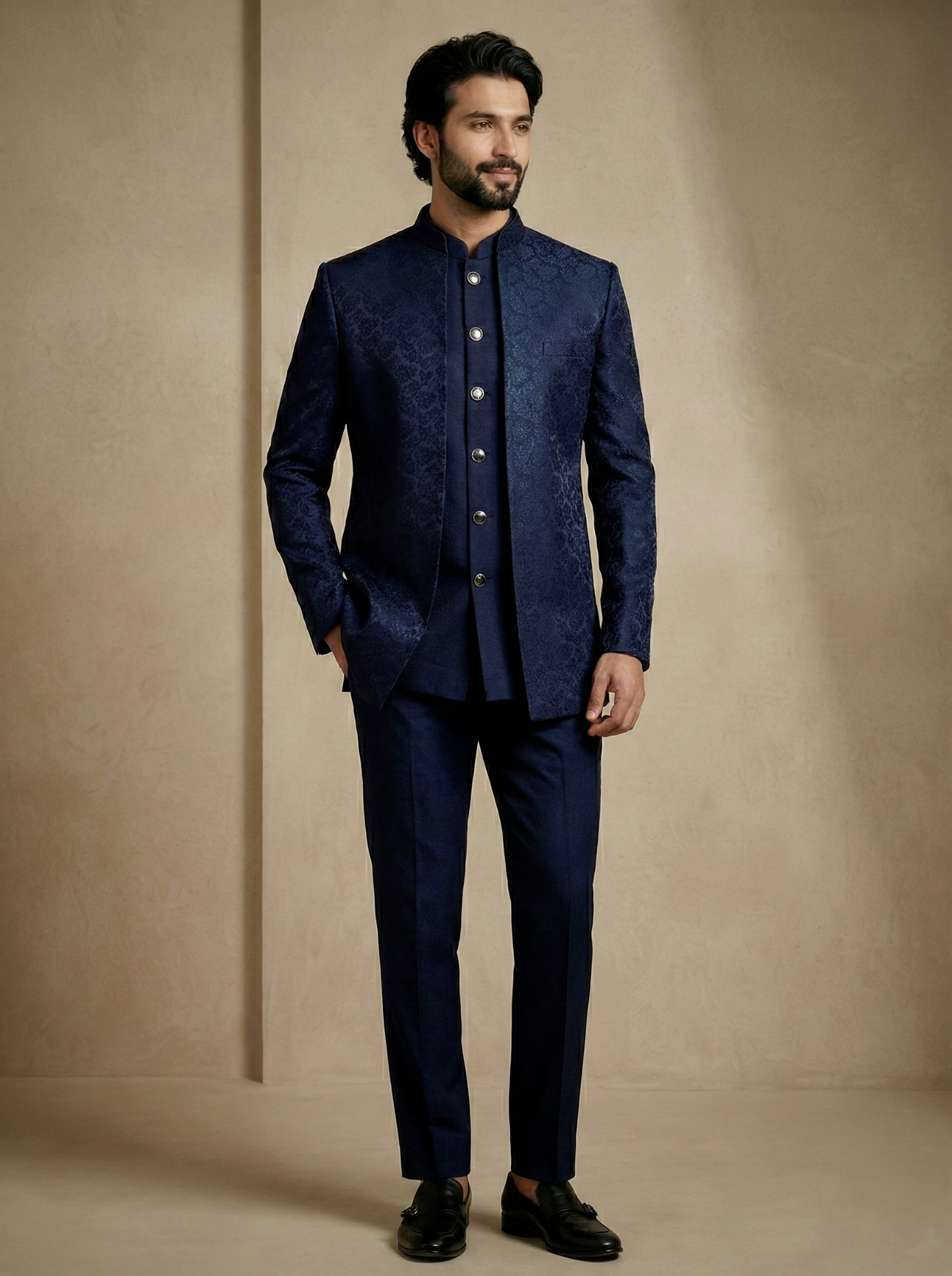 Navy Blue Floral Donier Jacquard Indo-Western Sherwani — alternate view