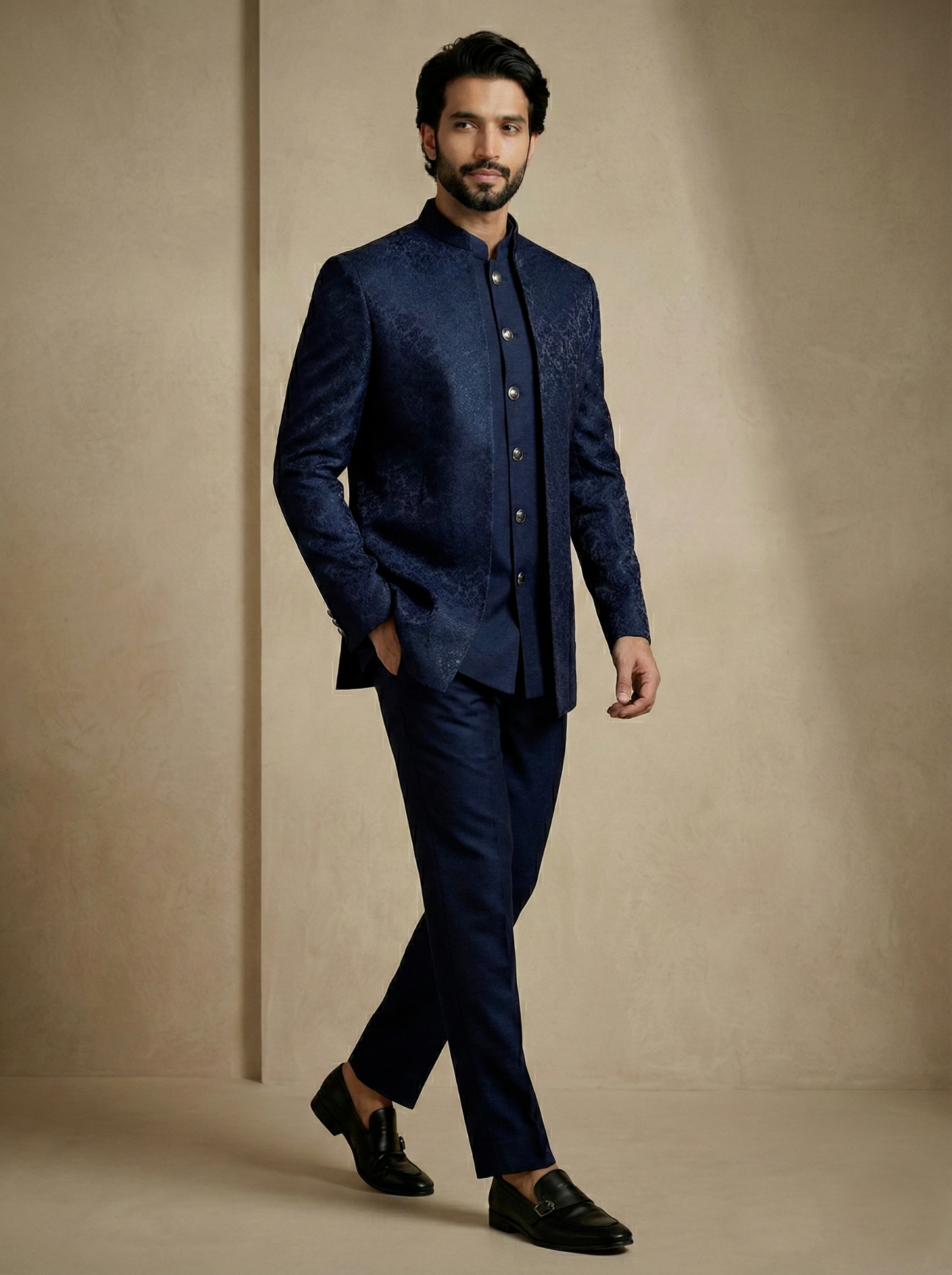 Navy Blue Floral Donier Jacquard Indo-Western Sherwani