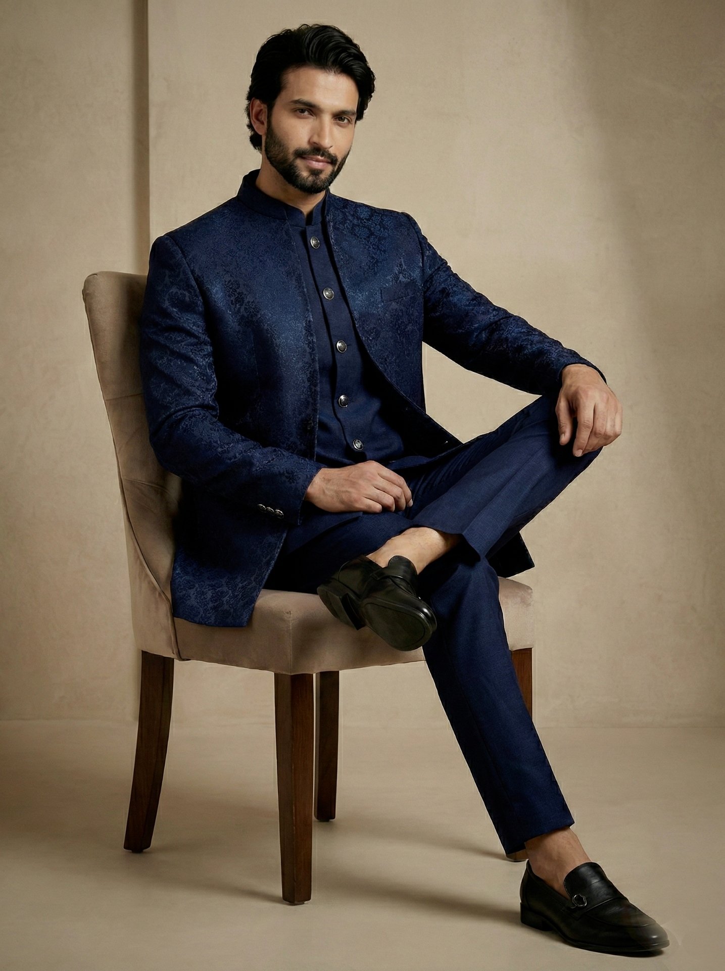Navy Blue Floral Donier Jacquard Indo-Western Sherwani