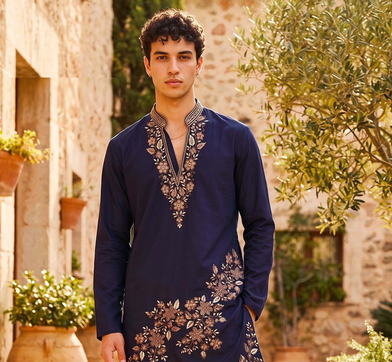 Navy Blue Floral Embroidered Lachaka Kurta Pyjama — alternate view