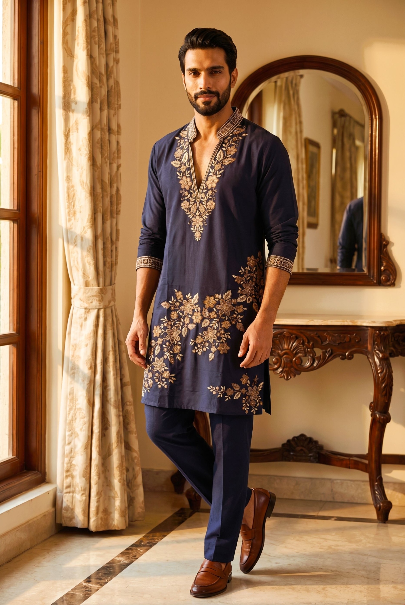 Navy Blue Floral Embroidered Lachaka Kurta Pyjama