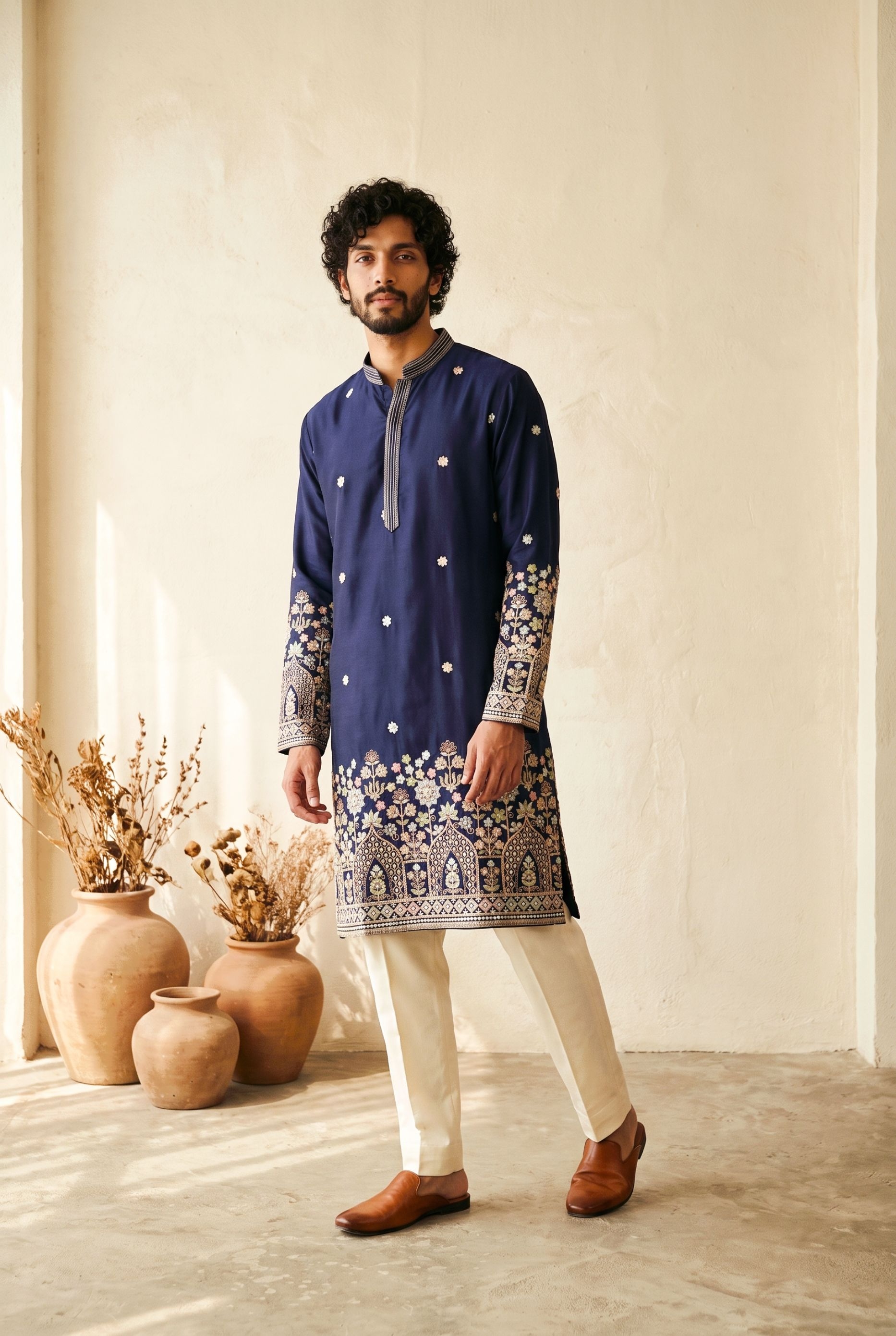 Navy Blue Floral Embroidered Silk Kurta Pyjama