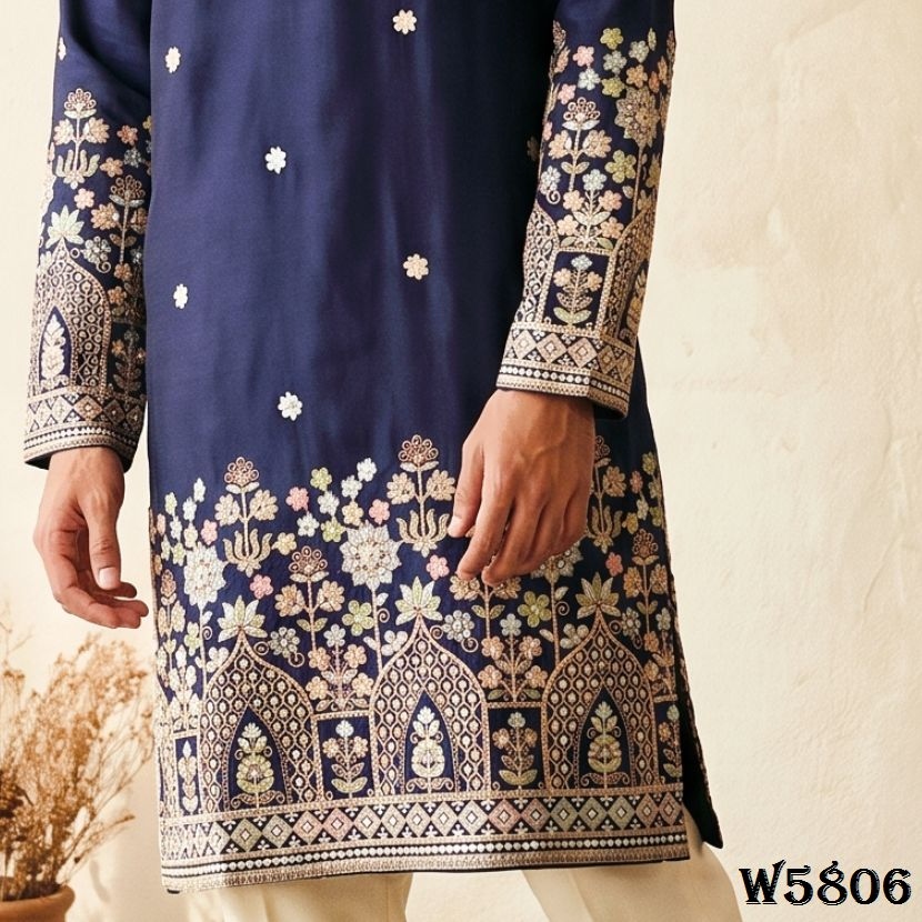 Navy Blue Floral Embroidered Silk Kurta Pyjama — alternate view