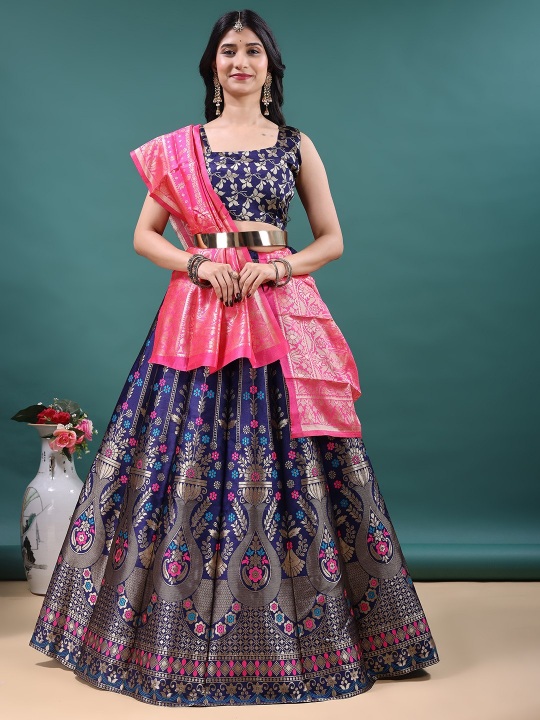 Navy Blue Floral Jacquard Soft Jacquard Lehenga Choli
