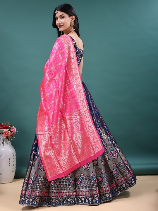 Navy Blue Floral Jacquard Soft Jacquard Lehenga Choli — alternate view