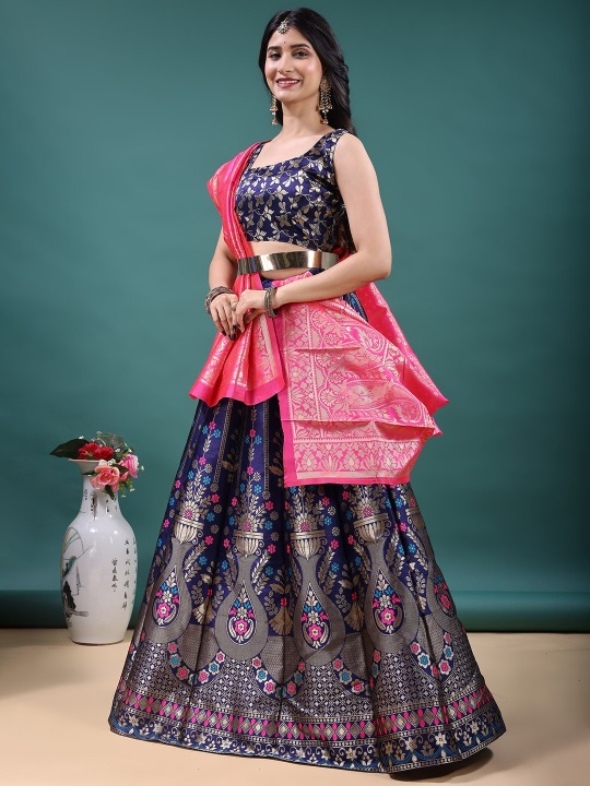 Navy Blue Floral Jacquard Soft Jacquard Lehenga Choli