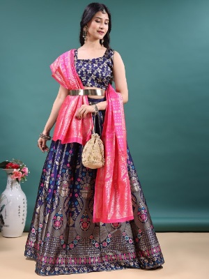 Navy Blue Floral Jacquard Soft Jacquard Lehenga Choli