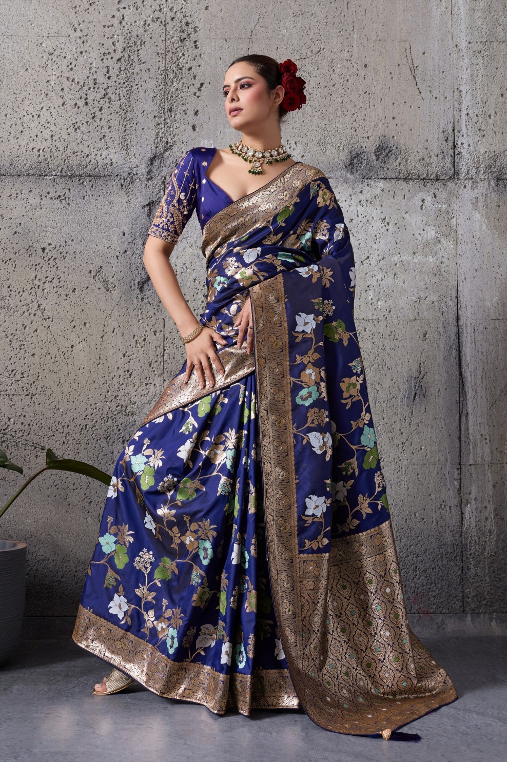 Navy Blue Floral Paisley Zari Banarasi Silk Saree