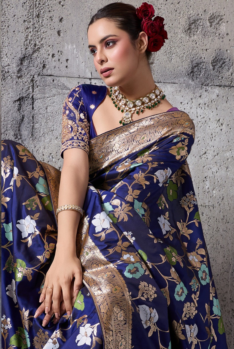 Navy Blue Floral Paisley Zari Banarasi Silk Saree — alternate view