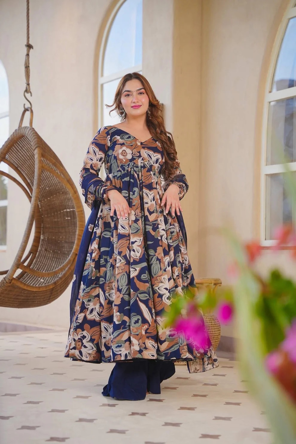 Navy Blue Floral Printed Anarkali Suit