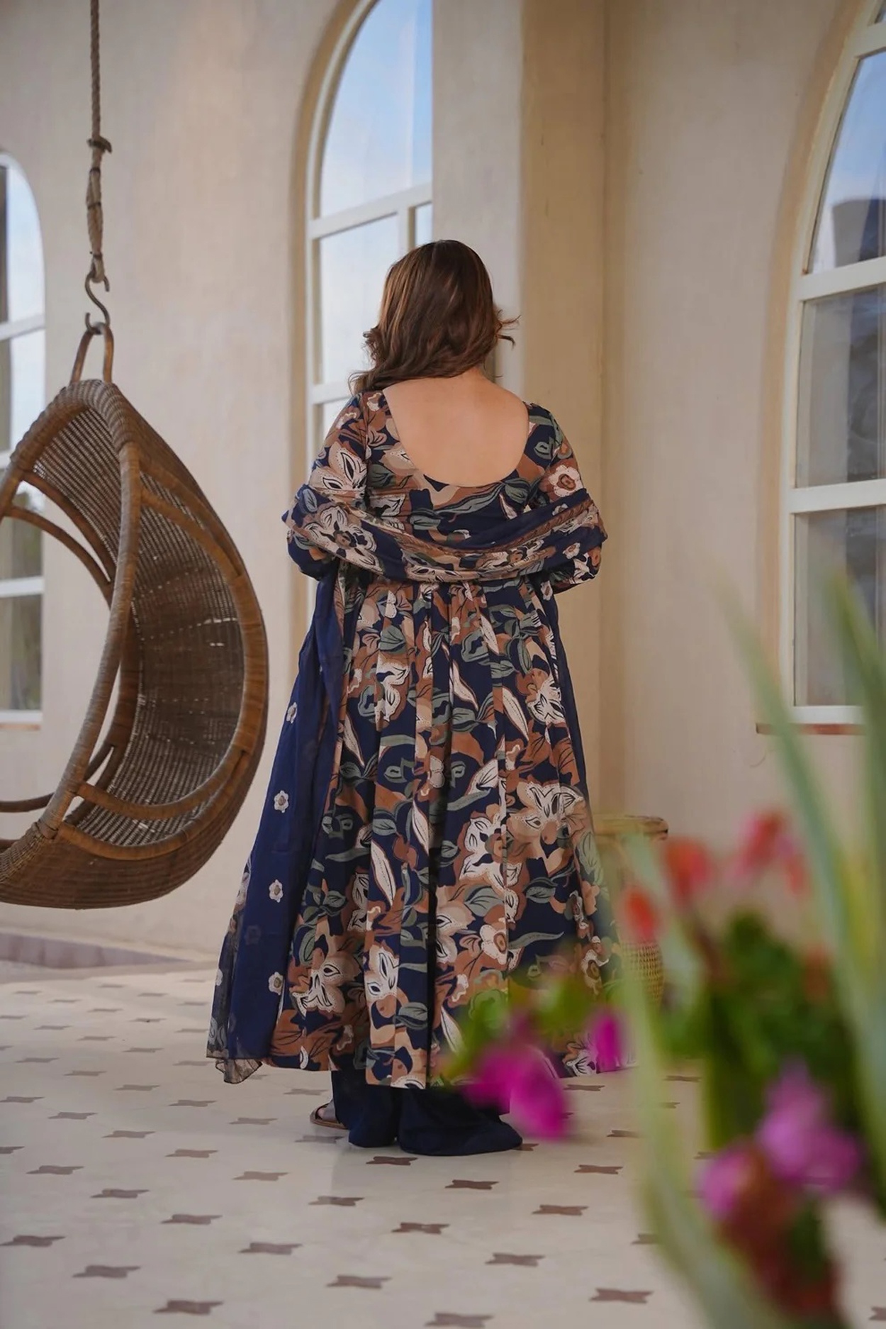 Navy Blue Floral Printed Anarkali Suit — alternate view