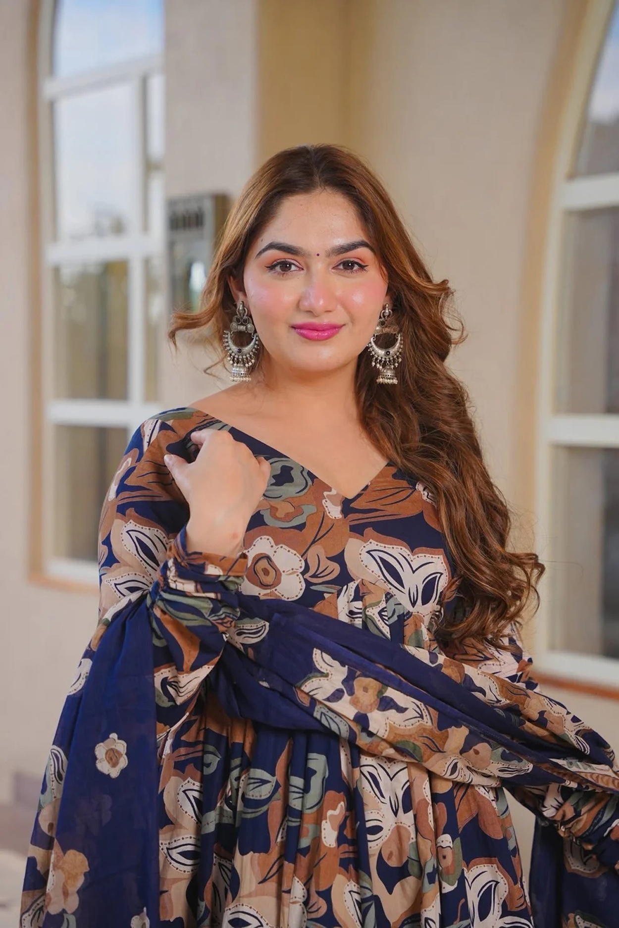 Navy Blue Floral Printed Anarkali Suit