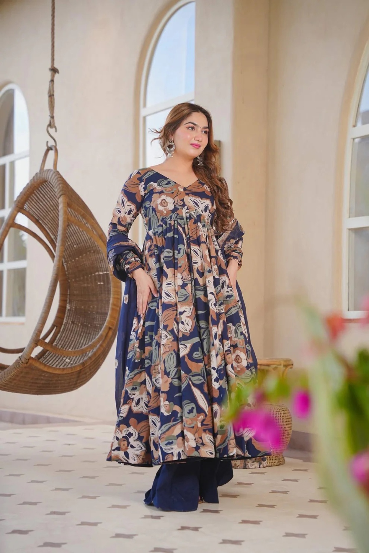 Navy Blue Floral Printed Anarkali Suit