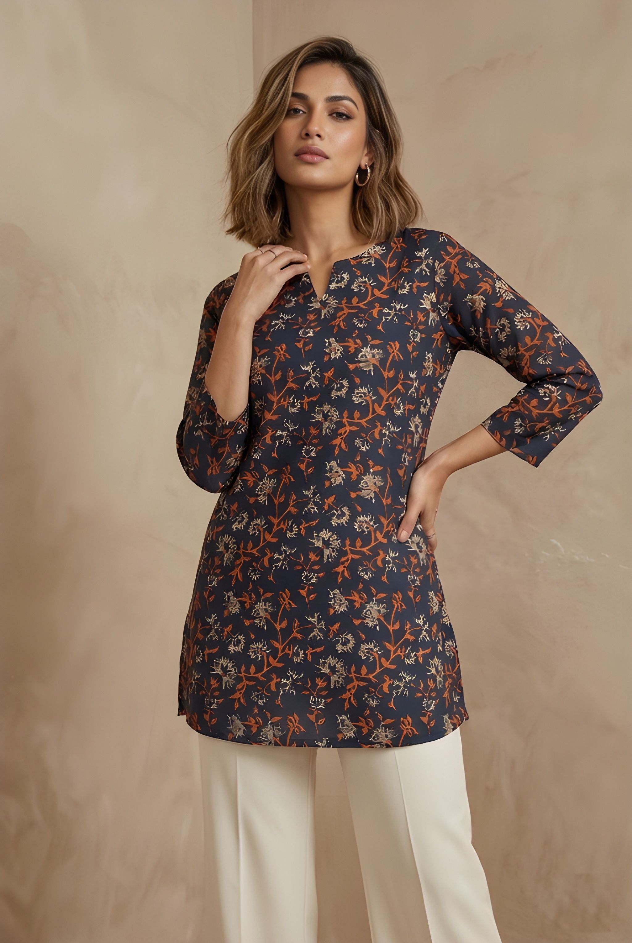 Navy Blue Floral Printed Cotton Blend Tunic