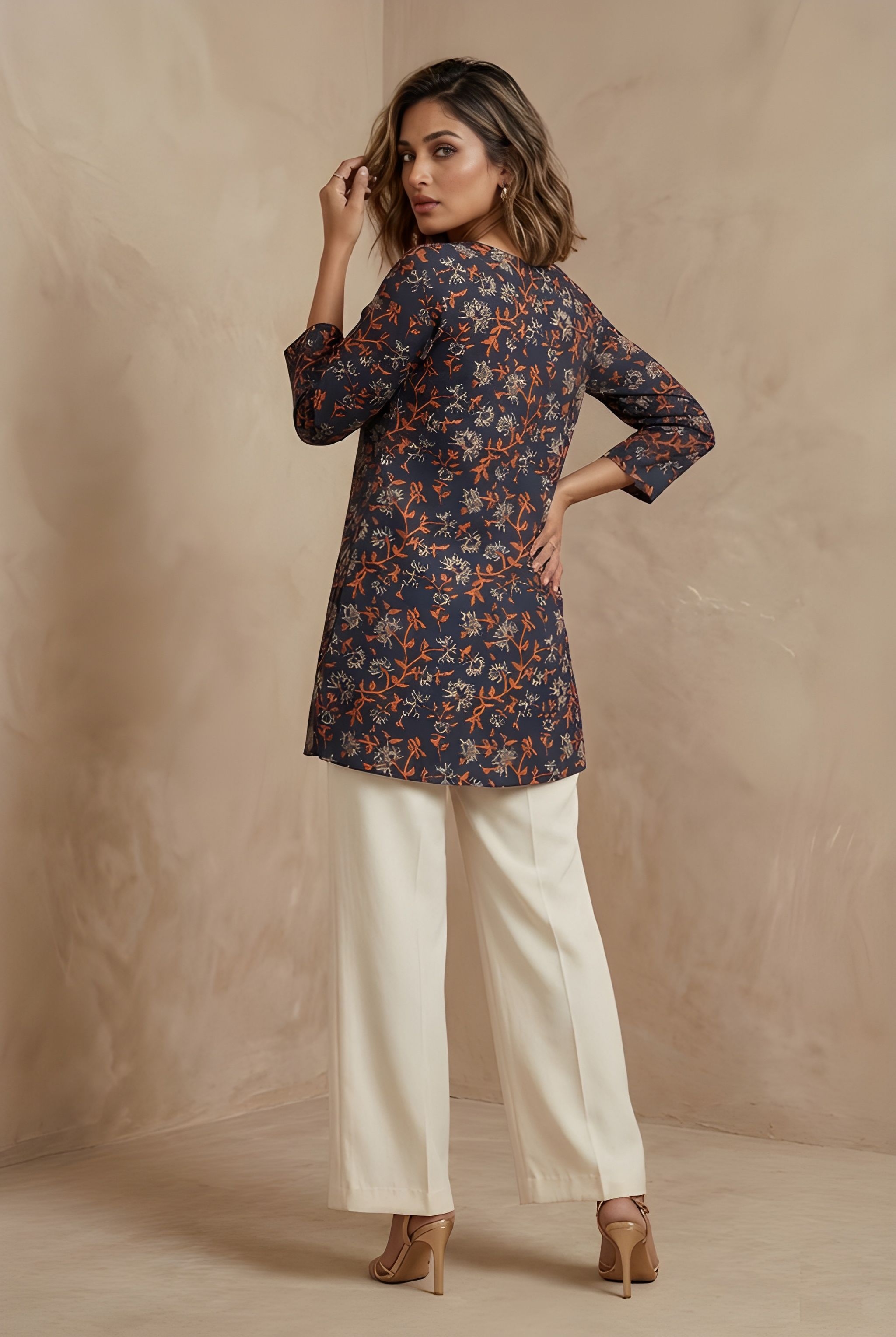 Navy Blue Floral Printed Cotton Blend Tunic — alternate view
