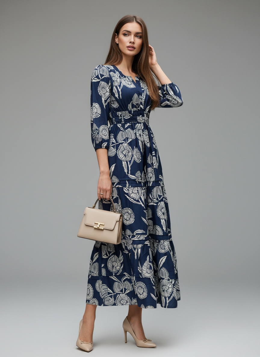 Navy Blue Floral Printed Muslin Tiered Dress