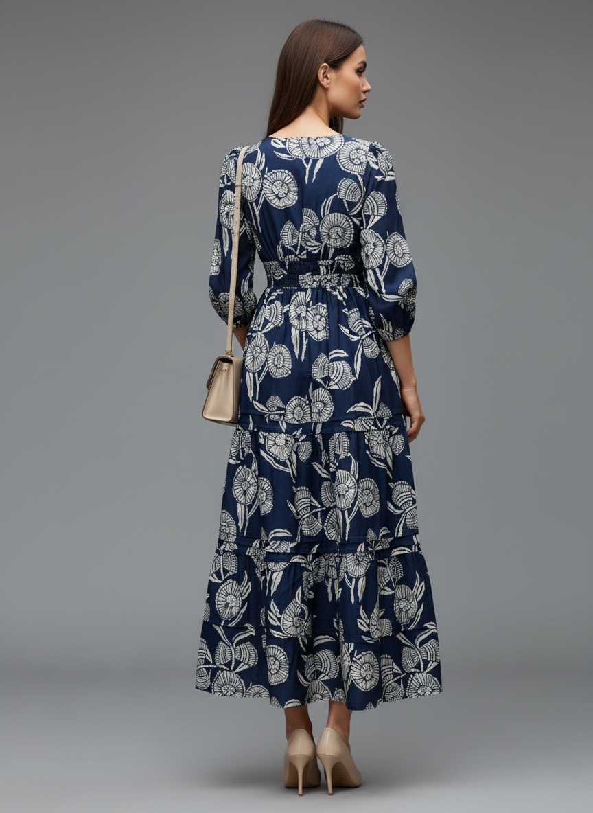 Navy Blue Floral Printed Muslin Tiered Dress — alternate view