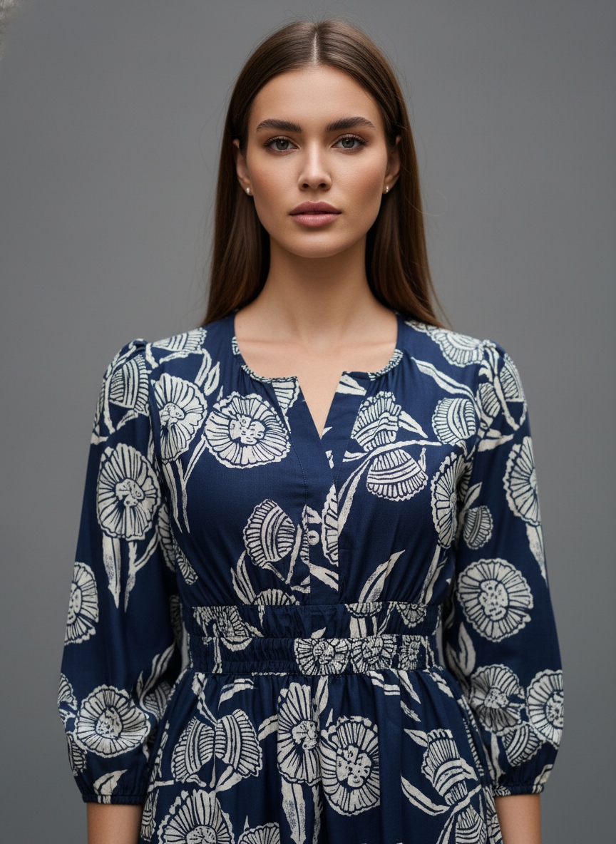 Navy Blue Floral Printed Muslin Tiered Dress