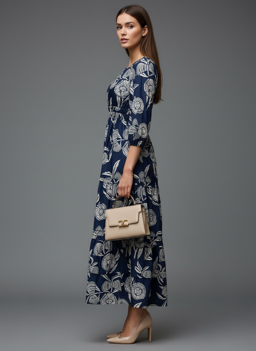 Navy Blue Floral Printed Muslin Tiered Dress