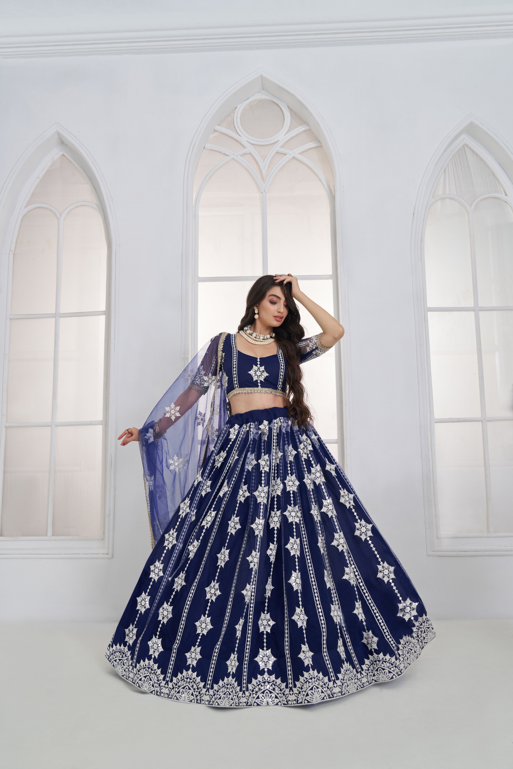 Navy Blue Floral Sequins Butterfly Net Lehenga Choli