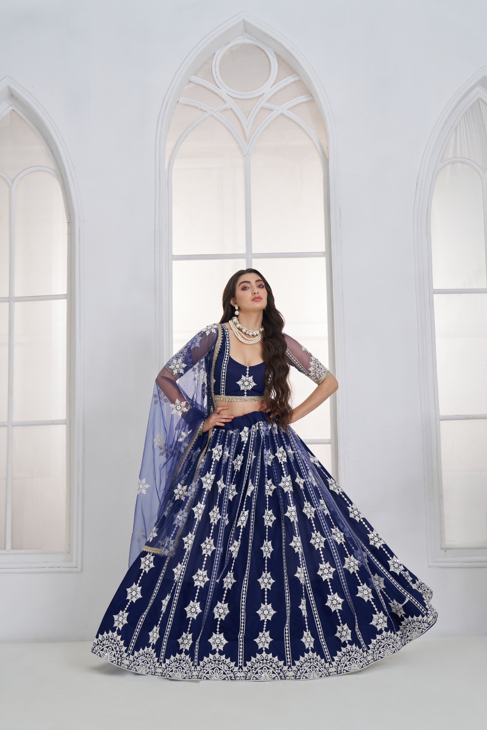 Navy Blue Floral Sequins Butterfly Net Lehenga Choli