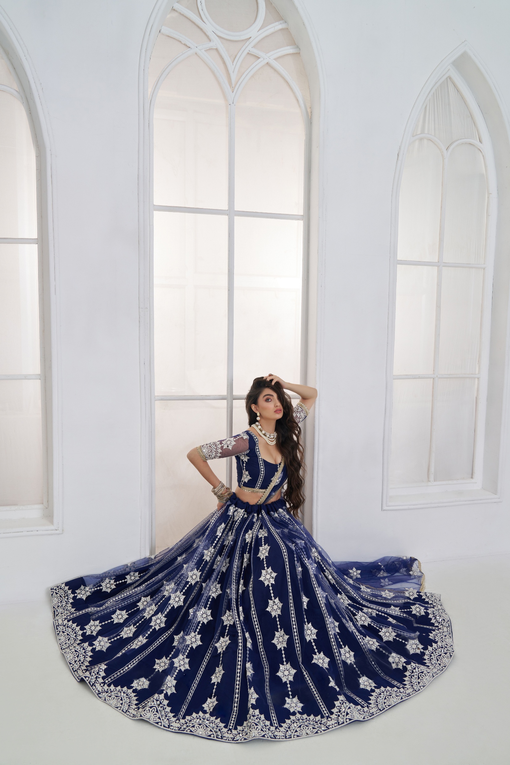 Navy Blue Floral Sequins Butterfly Net Lehenga Choli