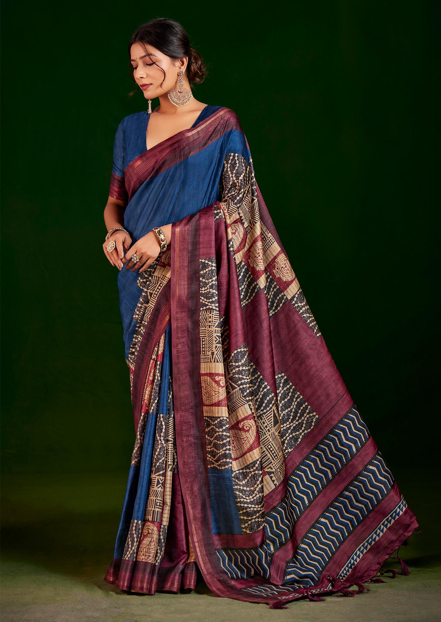 Navy Blue Gathan Silk Woven Designer Digital Printed Saree