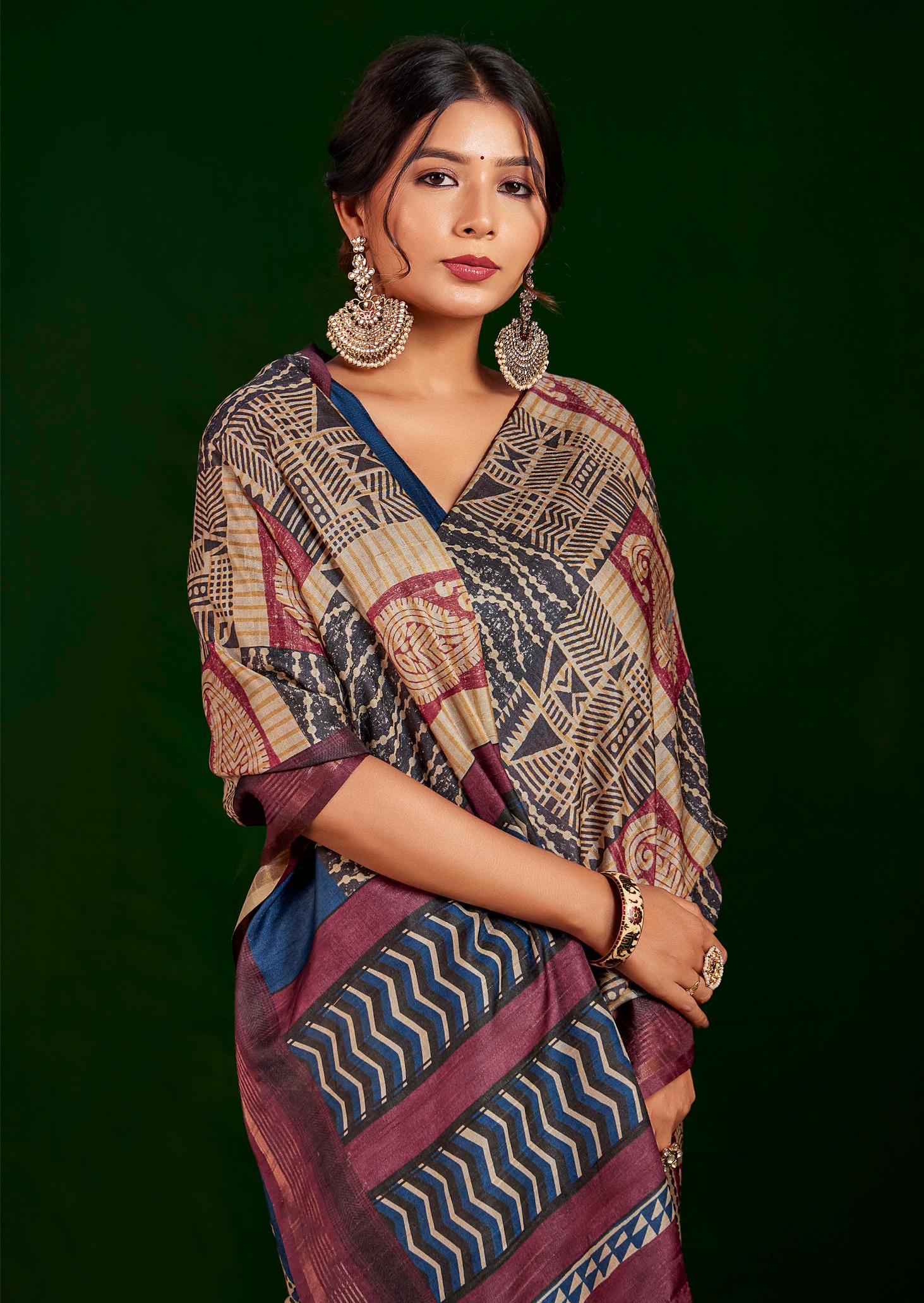 Navy Blue Gathan Silk Woven Designer Digital Printed Saree