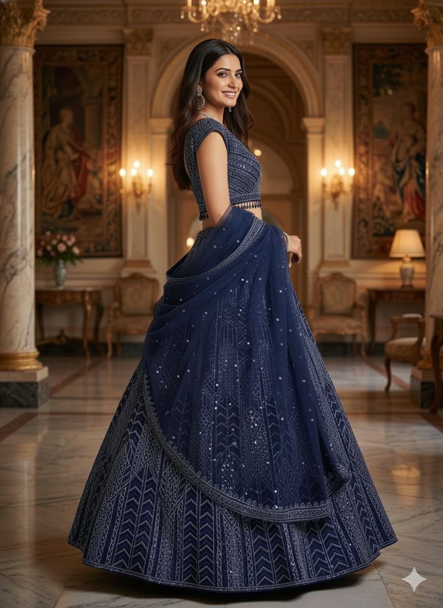 Navy Blue Geometric Sequins Lehenga Choli — alternate view