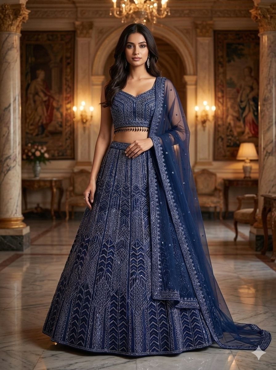 Navy Blue Geometric Sequins Lehenga Choli