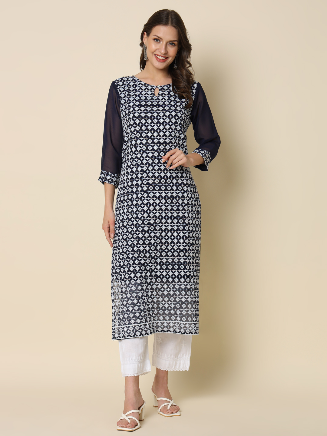Navy Blue Georgette Chikankari Embroidered Kurti