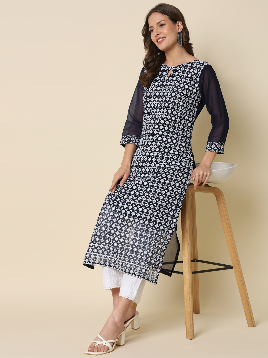 Navy Blue Georgette Chikankari Embroidered Kurti
