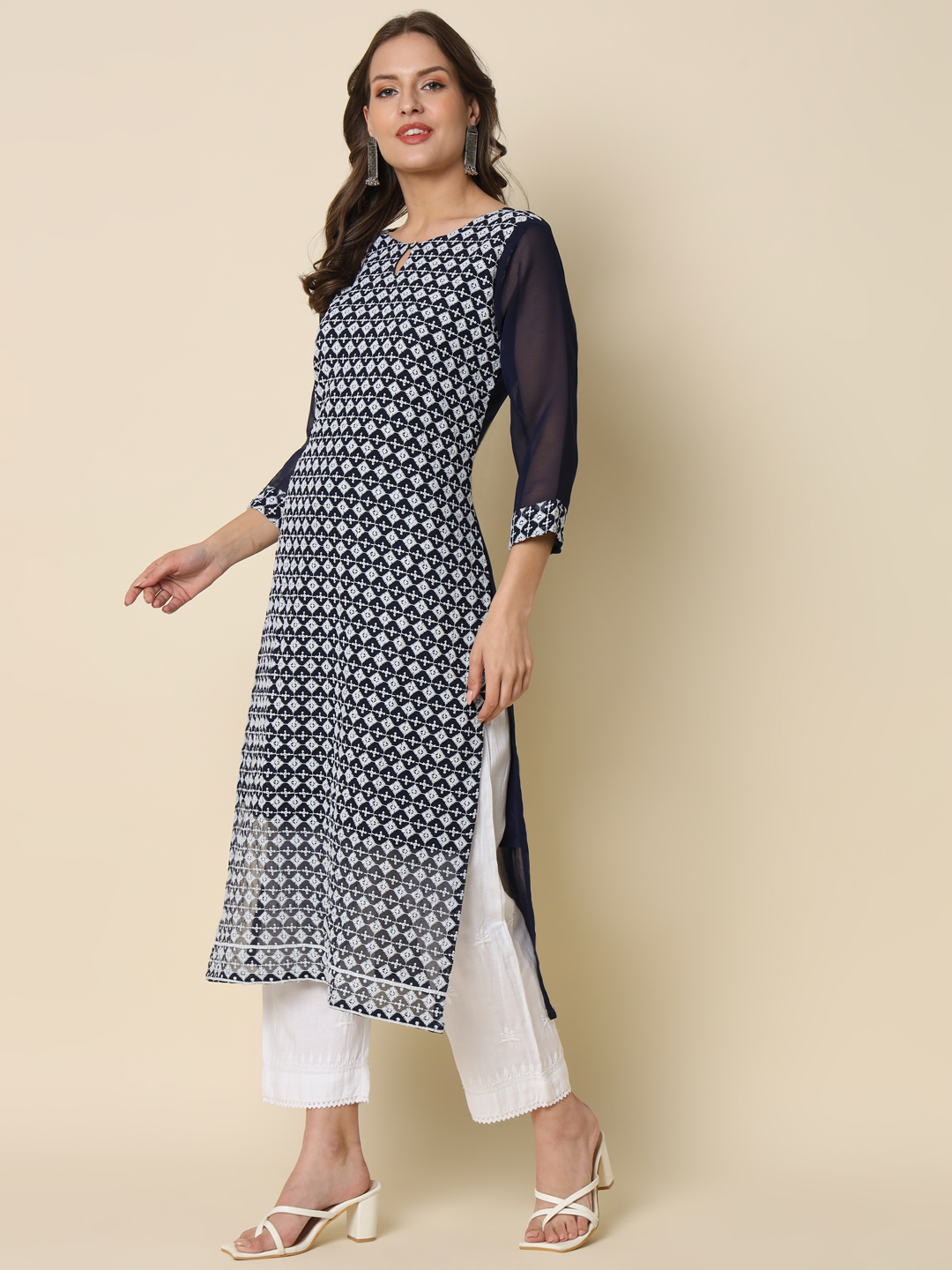 Navy Blue Georgette Chikankari Embroidered Kurti
