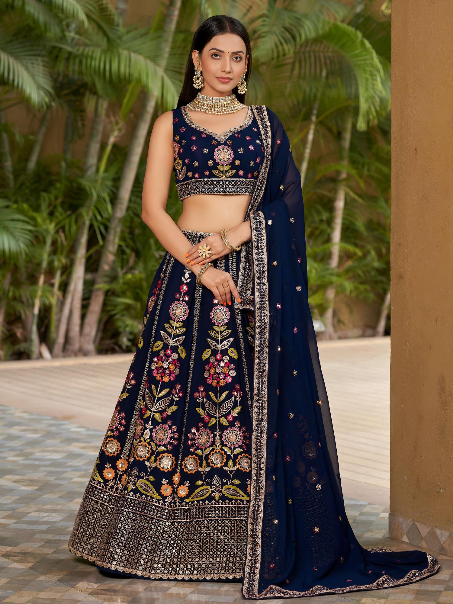 Navy Blue Georgette Sequins Embroidered Lehenga Choli