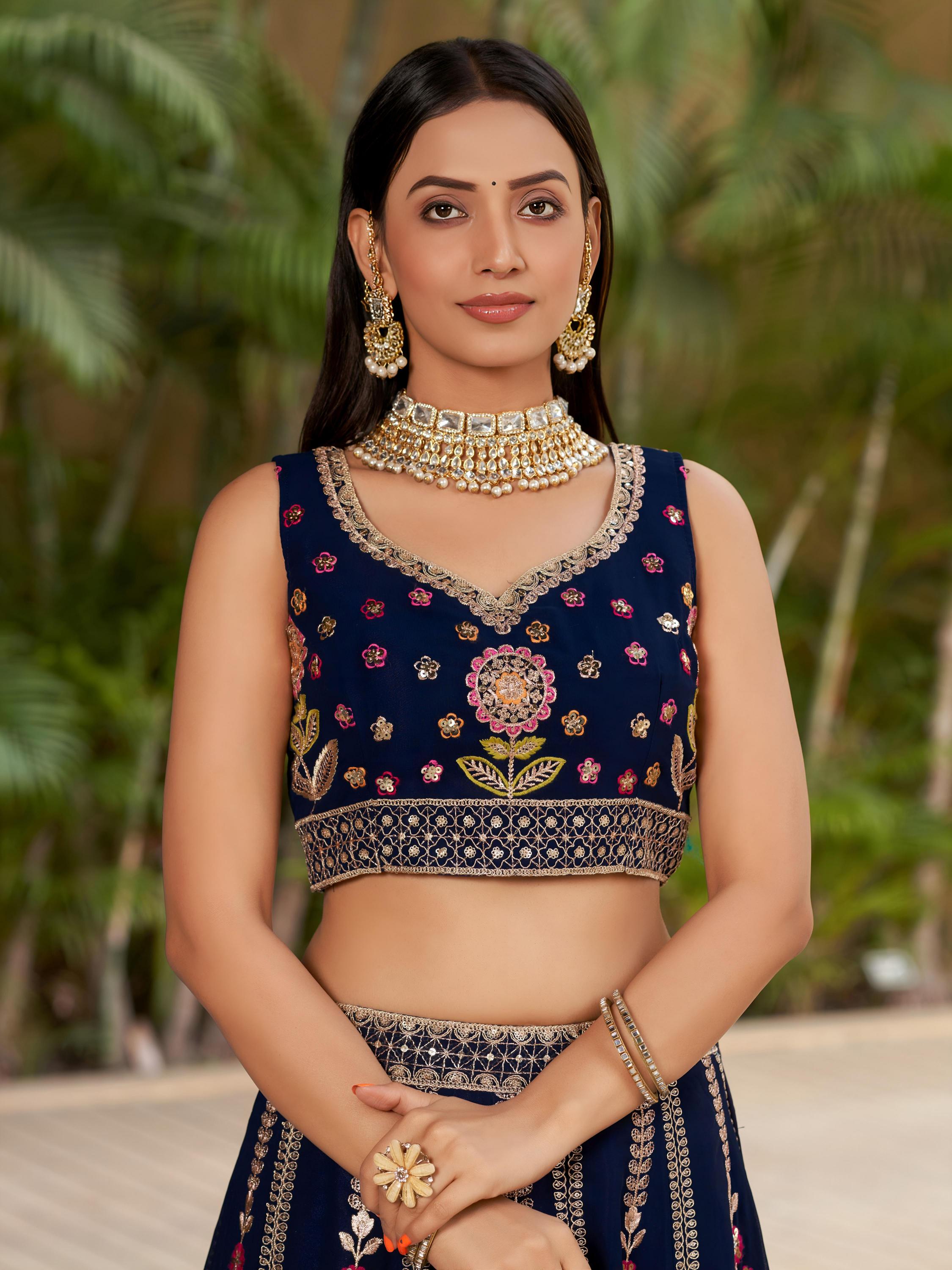Navy Blue Georgette Sequins Embroidered Lehenga Choli