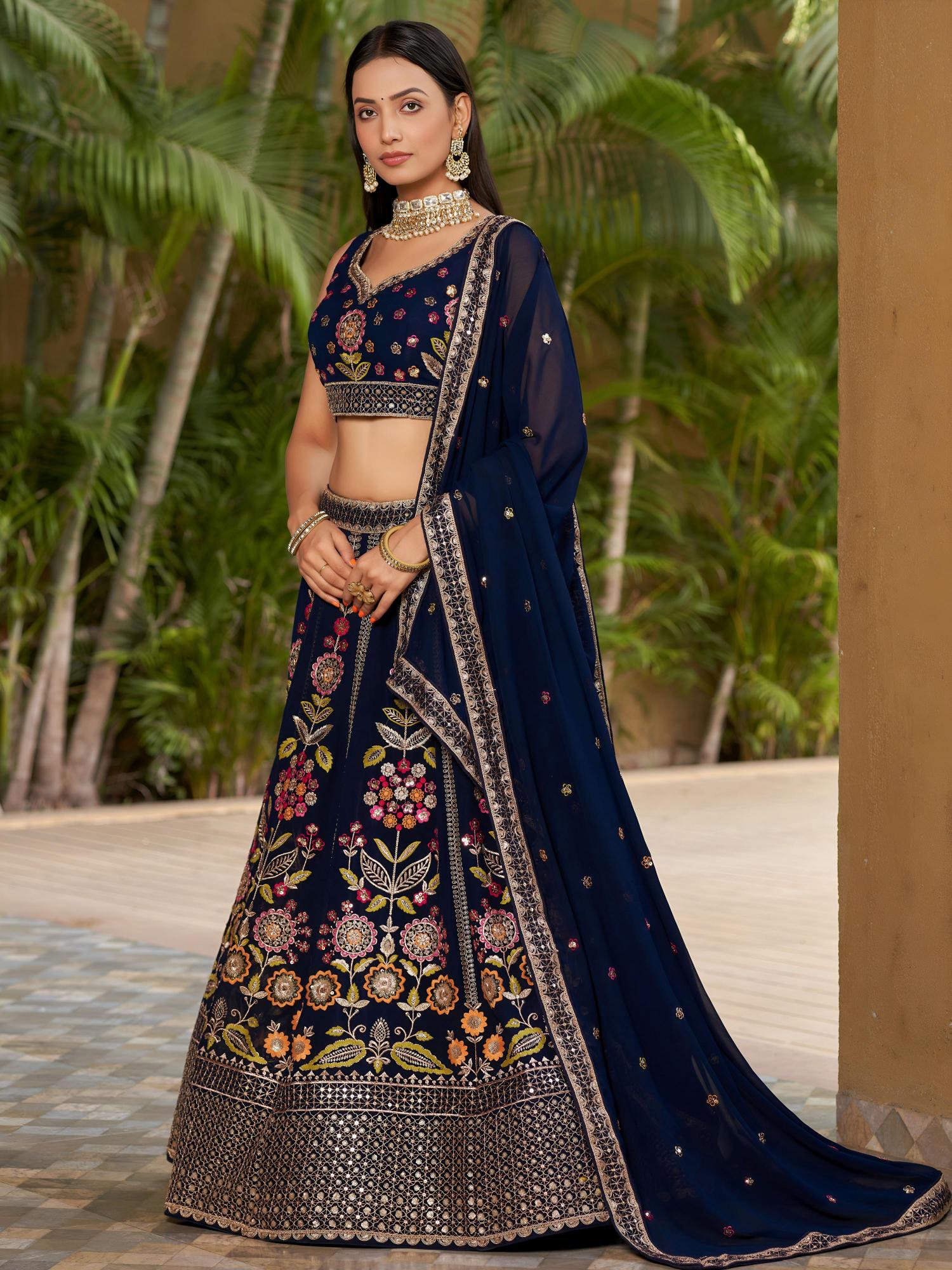 Navy Blue Georgette Sequins Embroidered Lehenga Choli