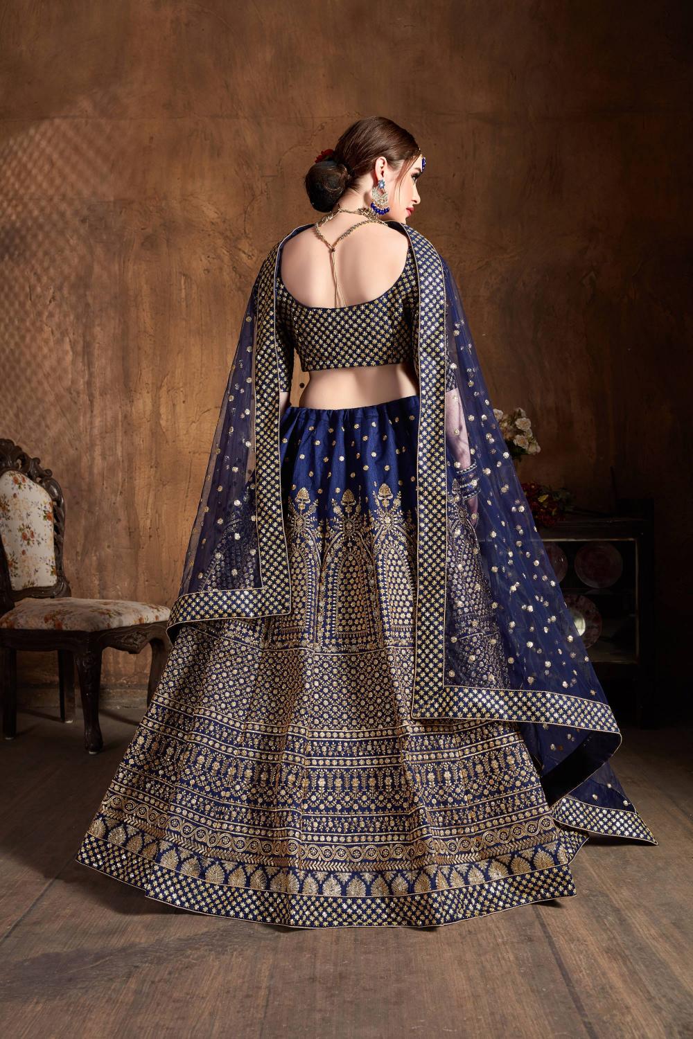 Navy Blue Golden Raw Silk Lehenga Choli — alternate view