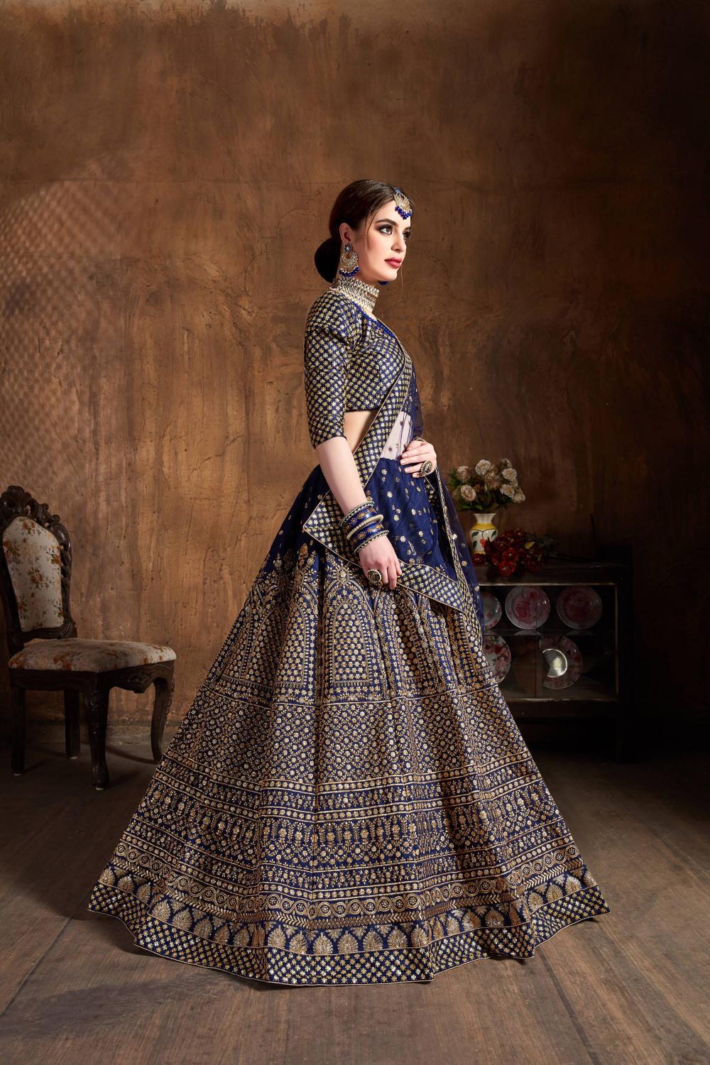 Navy Blue Golden Raw Silk Lehenga Choli