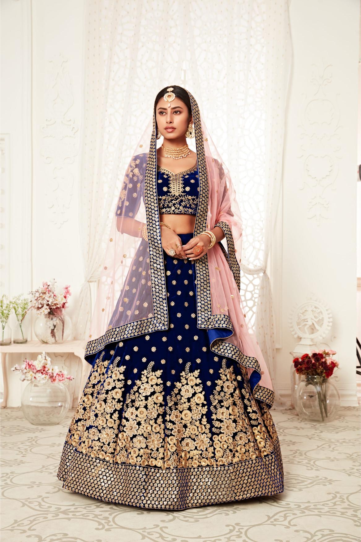 Navy Blue Golden Velvet Lehenga Choli