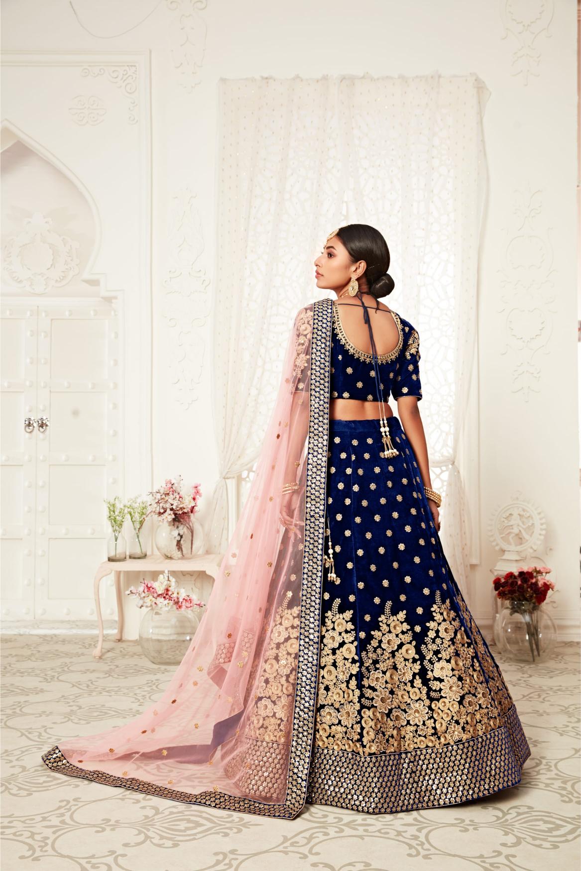 Navy Blue Golden Velvet Lehenga Choli — alternate view