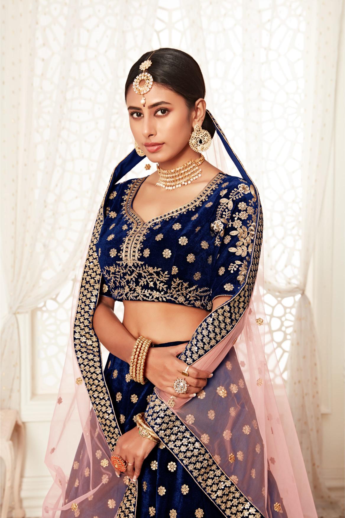 Navy Blue Golden Velvet Lehenga Choli