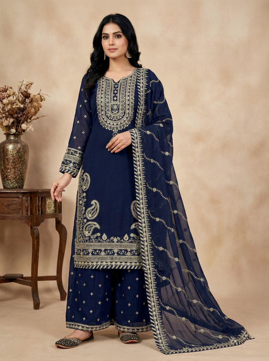 Navy Blue Heavy Embroidered Heavy Faux Georgette Sharara Suit