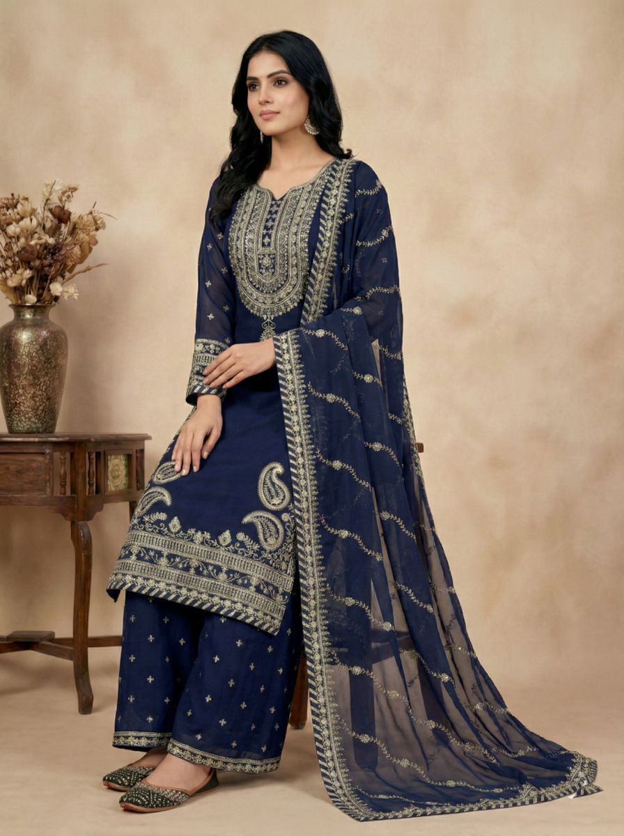 Navy Blue Heavy Embroidered Heavy Faux Georgette Sharara Suit — alternate view