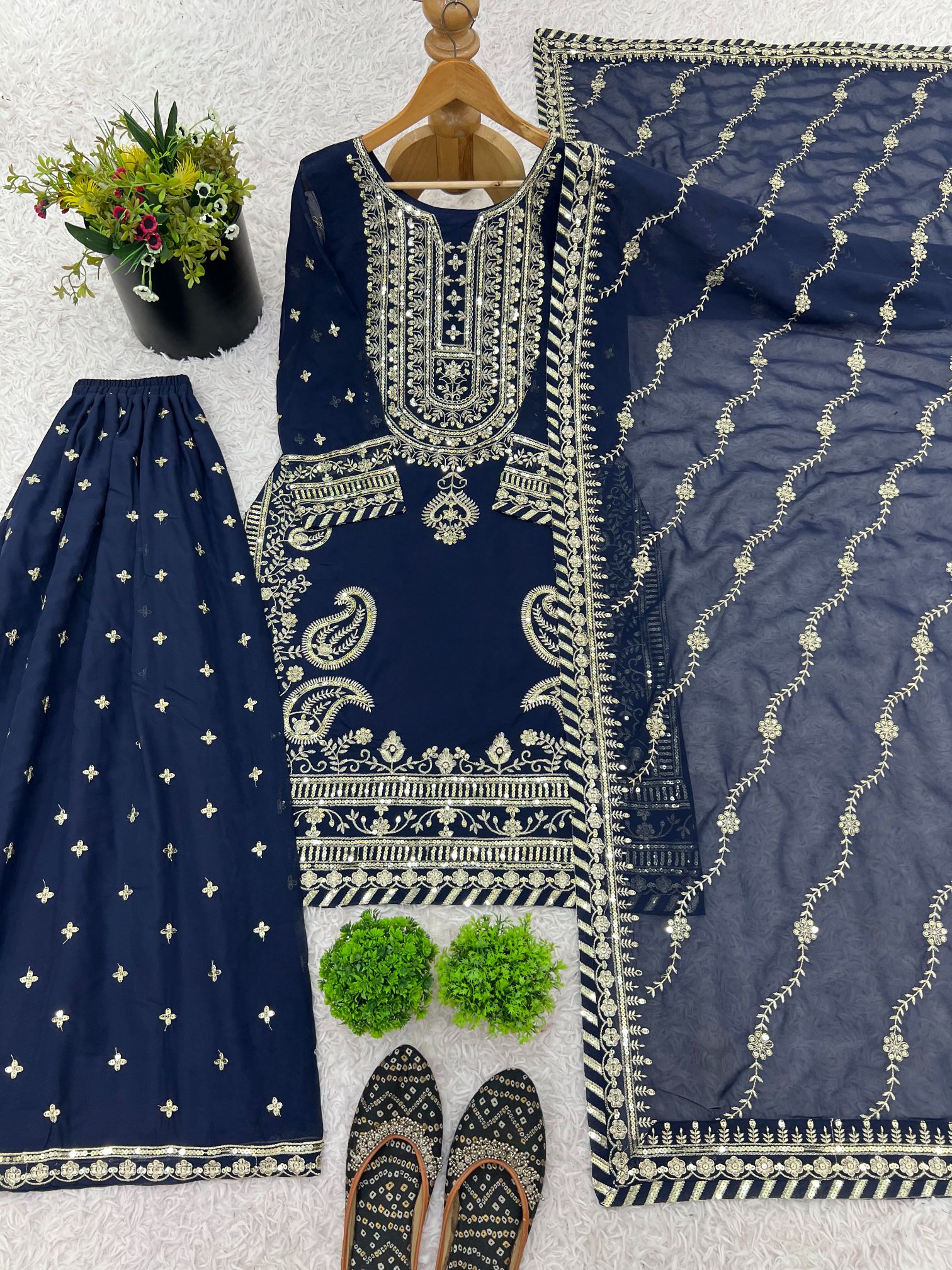 Navy Blue Heavy Embroidered Heavy Faux Georgette Sharara Suit