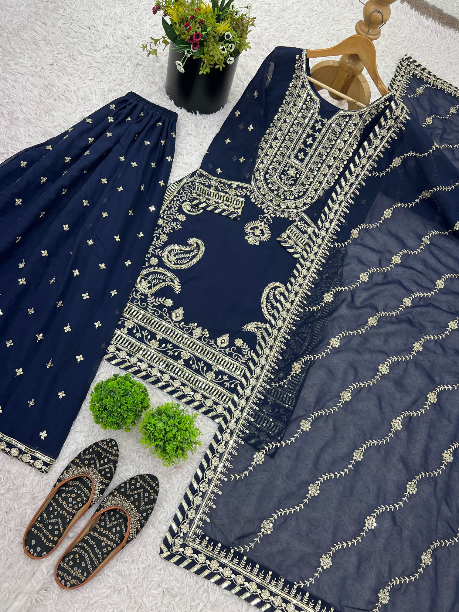 Navy Blue Heavy Embroidered Heavy Faux Georgette Sharara Suit